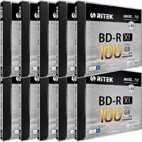 10 Pack Ritek BD-R XL BDXL 100GB Triple Layers 4X White Inkjet Hub Printable Blank Disc w/Standard Jewel Case, BDR1004-RTKIWN1JC