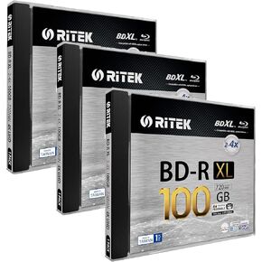 3 Pack Ritek BD-R XL BDXL 100GB Archival Grade Triple Layers 4X White Inkjet Hub Printable Blank Disc w/Standard Jewel Case