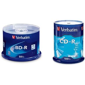 Verbatim BD-R 25GB 16X Blu-ray Recordable Media Disc - 50 Pack Spindle & CD-R Blank Discs 700MB 80 Minutes 52X Recordable Disc for Data and Music - 100pk Spindle Frustration Free Packaging