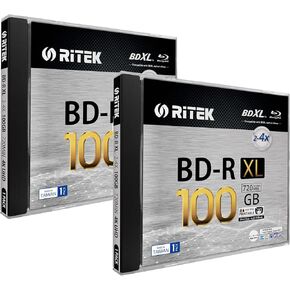 2 Pack Ritek BD-R XL BDXL 100GB Triple Layers 4X White Inkjet Hub Printable Blank Disc w/Standard Jewel Case BDR1004-RTKIWN1JC