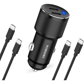 Dual USB C Car Charger, 60W PD (30W + 30W) Super Fast Charging Adapter Metal for iPhone 15/ Pro/Pro Max/Plus, Samsung Galaxy S24/S23/S22/S21/SUltra/Plus, Note 20, iPad Pro + 2X Type C to C Cable 3.3Ft