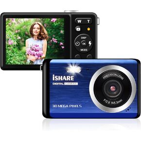 كاميرا رقمية للتصوير الفوتوغرافي، قابلة لاعادة الشحن بدقة 30 ميجابكسل مع شاشة LCD 2.8 انش وتقريب رقمي 18X للاطفال والمراهقين وكبار السن (ازرق) in Kuwait