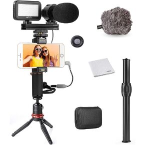 Movo V7+ YouTube Starter Kit - مجموعة تسجيل الفيديو لأجهزة iPhone مع حامل ثلاثي القوائم، وقبضة، وميكروفون استريو، وإضاءة LED وجهاز تحكم عن بعد - مجموعة تسجيل فيديو لأجهزة iPhone 5، 5C، 5S، 6، 6S، 7، 8، X، XS أو Samsung - مجموعة تسجيل فيديو iPhone in Kuwait