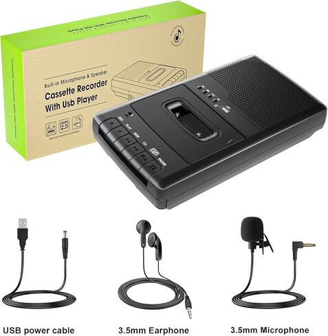 مسجل مشغل كاسيت محمول مع ميكروفون مستقل، محول شرائط الكاسيت Walkman MP3 مع مشغل USB، يلتقط ملفات صوت USB Stick، مكبر صوت مدمج/مقبض قابل للسحب/مقبس سماعة الرأس in Kuwait