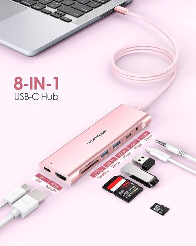 LENTION 3.3FT Long Cable USB C Hub with 4K HDMI, 2 USB 3.0, Card Reader, Aux, Type C Data/Charging Compatible 2023-2016 MacBook Pro, Mac Air/Surface, More, Stable Driver Adapter (CB-C37, Rose Gold) in Saudi Arabia