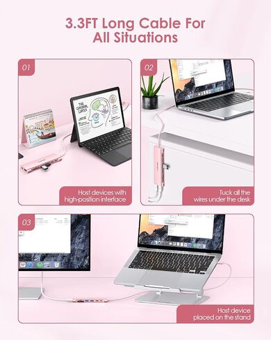 LENTION 3.3FT Long Cable USB C Hub with 4K HDMI, 2 USB 3.0, Card Reader, Aux, Type C Data/Charging Compatible 2023-2016 MacBook Pro, Mac Air/Surface, More, Stable Driver Adapter (CB-C37, Rose Gold) in Saudi Arabia