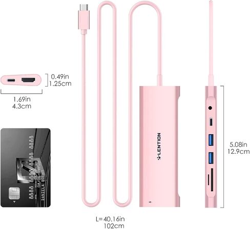 LENTION 3.3FT Long Cable USB C Hub with 4K HDMI, 2 USB 3.0, Card Reader, Aux, Type C Data/Charging Compatible 2023-2016 MacBook Pro, Mac Air/Surface, More, Stable Driver Adapter (CB-C37, Rose Gold) in Saudi Arabia