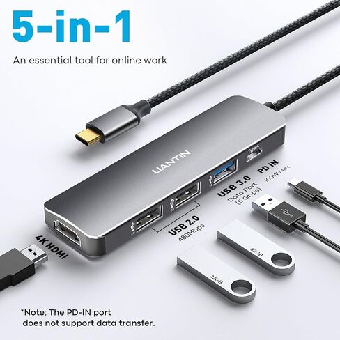 موزع USB C 6 في 1 من يوانتين مع HDMI 4K، توصيل طاقة 100 واط، 2 منفذ بيانات USB-A وقارئ بطاقات SD/TF، محول USB نوع C متعدد المنافذ لماك بوك برو/اير، ايباد، سيرفس، XPS، ثينك باد والمزيد in Kuwait