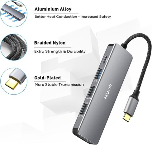 موزع USB C 6 في 1 من يوانتين مع HDMI 4K، توصيل طاقة 100 واط، 2 منفذ بيانات USB-A وقارئ بطاقات SD/TF، محول USB نوع C متعدد المنافذ لماك بوك برو/اير، ايباد، سيرفس، XPS، ثينك باد والمزيد in Kuwait