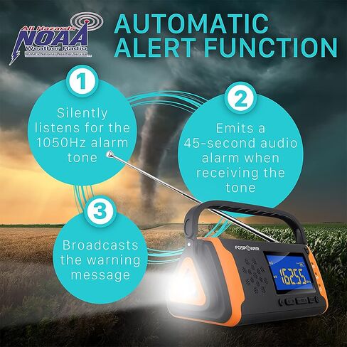 FosPower 4000mAh NOAA Emergency Weather Radio (Model D2) Portable Power Bank with Solar Charging, Hand Crank & Battery Operated, LCD Display, SOS Alarm, AM/FM & LED Flashlight for Outdoor Emergency in Saudi Arabia