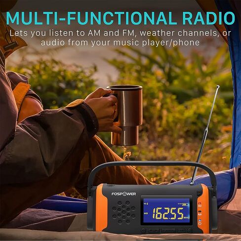 FosPower 4000mAh NOAA Emergency Weather Radio (Model D2) Portable Power Bank with Solar Charging, Hand Crank & Battery Operated, LCD Display, SOS Alarm, AM/FM & LED Flashlight for Outdoor Emergency in Saudi Arabia