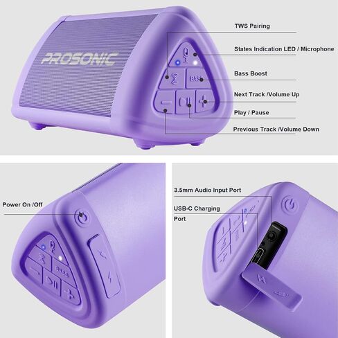 Prosonic BT3 Portable Wireless Bluetooth Speaker with 10W Stereo Sound & Bass Boost -Rich Sound & Intense Bass -Bluetooth 5.0 -Microphone -IPX5 - in & Outdoor Speaker (Purple) in Saudi Arabia