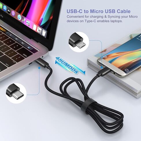 USB C to Micro USB Cable 1FT, Nylon Braided Short Type C to Micro USB Cord Compatible with Samsung Galaxy S7 S6, J7, J3, LG, HTC, PS4, Kindle, Android Phone(Black, 1FT) in Saudi Arabia