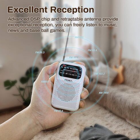 Pocket AM FM Radio Portable, Mini Transistor Radio with Excellent Reception, Tuning Knob with Signal Indicator, AAA Battery Operated for Walking and Jogging, DE333 by PRUNUS(White) in Saudi Arabia
