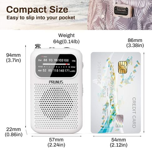 Pocket AM FM Radio Portable, Mini Transistor Radio with Excellent Reception, Tuning Knob with Signal Indicator, AAA Battery Operated for Walking and Jogging, DE333 by PRUNUS(White) in Saudi Arabia