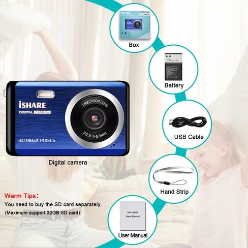 كاميرا رقمية للتصوير الفوتوغرافي، قابلة لاعادة الشحن بدقة 30 ميجابكسل مع شاشة LCD 2.8 انش وتقريب رقمي 18X للاطفال والمراهقين وكبار السن (ازرق) in Kuwait