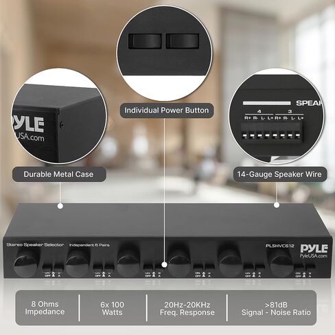 Pyle 6 Channel High Power Stereo Speaker Selector with Volume Control - Rugged and Durable Housing Construction, Cabinet Heat Sink, Plug and Play Easy Install - PLSHVC612 in Kuwait
