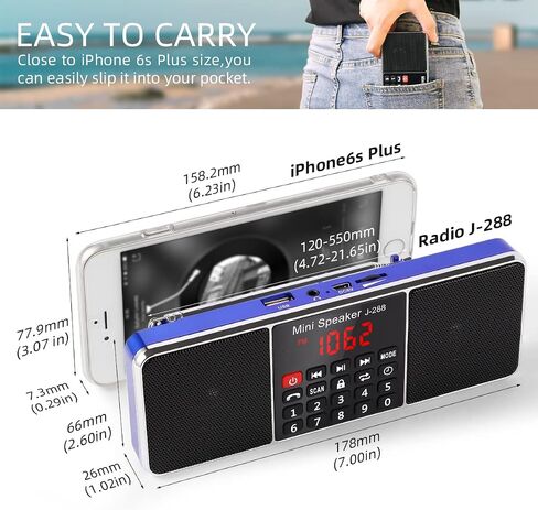 PRUNUS J-288 Portable Radio AM FM Radio, Stereo Bluetooth Speaker | Sleep Timer, Power-Saving Display, Ultra-Long Antenna, AUX Input & USB Disk & TF Card MP3 Player, NO Manual Preset in Kuwait