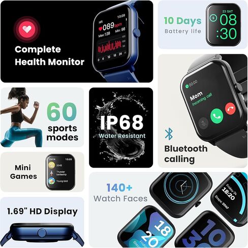 Boult Drift Health & Fitness Bluetooth Calling Smartwatch with 1.69HD Display, 10 Days Battery Life, 140+ Watch Faces, 50+ Sport Modes, IP68 Waterproof & 475 Nits Brightness, Free Size (Black) in Saudi Arabia
