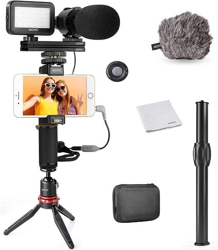 Movo V7+ YouTube Starter Kit - Vlogging Kit for iPhone with Tripod, Grip, Stereo Microphone, LED Light and Remote - Vlog Kit for iPhone 5, 5C, 5S, 6, 6S, 7, 8, X, XS or Samsung - iPhone Vlogging Kit in Saudi Arabia