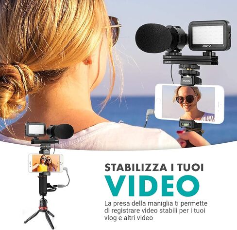 Movo V7+ YouTube Starter Kit - Vlogging Kit for iPhone with Tripod, Grip, Stereo Microphone, LED Light and Remote - Vlog Kit for iPhone 5, 5C, 5S, 6, 6S, 7, 8, X, XS or Samsung - iPhone Vlogging Kit in Saudi Arabia
