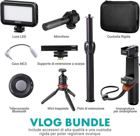 Movo V7+ YouTube Starter Kit - Vlogging Kit for iPhone with Tripod, Grip, Stereo Microphone, LED Light and Remote - Vlog Kit for iPhone 5, 5C, 5S, 6, 6S, 7, 8, X, XS or Samsung - iPhone Vlogging Kit in Saudi Arabia