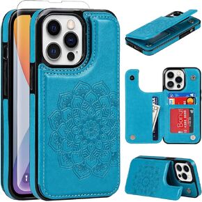 Phone Case for iPhone 13 Pro Wallet Case 6.1 inch with Tempered Glass Screen Protector Leather Card Holder Slots Stand Cover Flip Cases Cell iPhone13 iPhone13Pro 5G i 13s 13pro Men Girl Blue