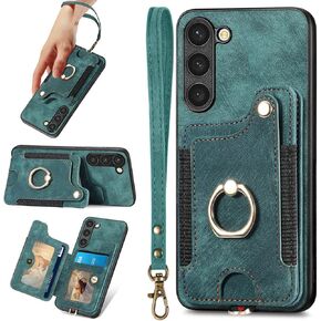 حافظة S23+ Plus، محفظة حامل بطاقات لجراب Galaxy S23 Plus، حامل حلقي، حجب RFID، حزام المعصم، واقي الكاميرا، غطاء جلدي مغناطيسي واقٍ لهاتف Samsung S23 Plus (أزرق)