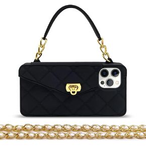 for iPhone 12 Pro Max Handbag Case with Card Holder Wrist Lanyard Strap Soft Silicone Cover for iPhone 12 Pro Max Wallet Case for Women Luxury Stylish Long Pearl Crossbody Chain Case Black in Saudi Arabia