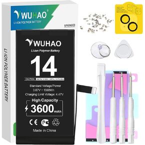 استبدال WUHAO لبطارية iPhone 14، سعة محسنة 3600 مللي أمبير في الساعة لبطارية 14 A2882 A2649 A2881 A2884 A2883 مع واقي عدسة الكاميرا + براغي + مجموعة أدوات إصلاح احترافية in Kuwait