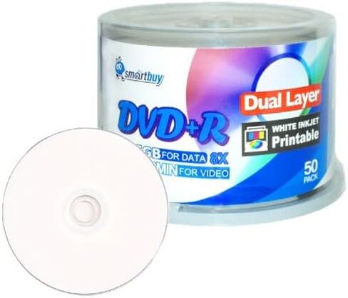 Smartbuy 8.5gb/240min 8X DVD+r Dl Dual Layer White Inkjet Printable Blank Data Recordable Disc Spindle (50-Disc) in Saudi Arabia