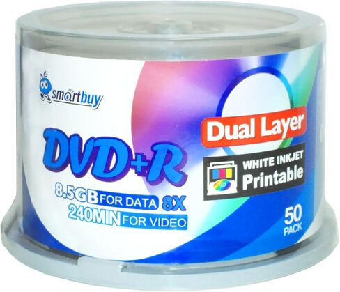 Smartbuy 8.5gb/240min 8X DVD+r Dl Dual Layer White Inkjet Printable Blank Data Recordable Disc Spindle (50-Disc) in Saudi Arabia