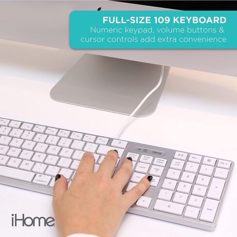 iHome Full Size Wired Keyboard - Compatible with Apple iOS or Windows - Sleek Mac and iMac Style Design - Desktop PC or Laptop in Kuwait