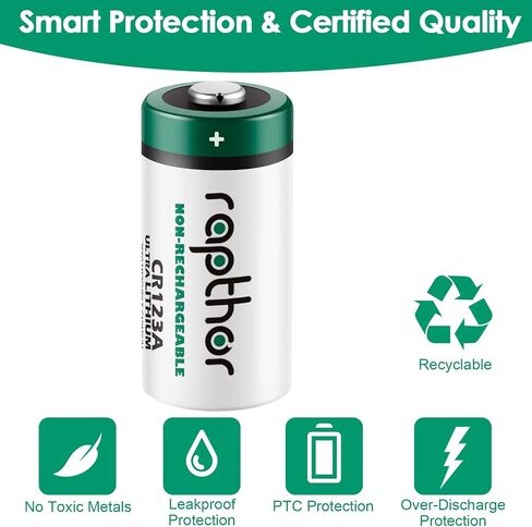 rapthor CR123A Lithium Batteries 3V 1650mAh, 12 Pack CR17345 High Power 123 Photo Battery CR123 PTC Protected for Cameras Flashlight Alarm Smart Sensors (Non-Rechargeable, Not for Arlo) (Pack of 12) in Saudi Arabia