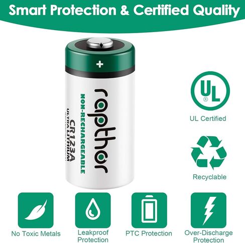 rapthor CR123A Lithium Batteries 3V 1650mAh, 12 Pack CR17345 High Power 123 Photo Battery CR123 PTC Protected for Cameras Flashlight Alarm Smart Sensors (Non-Rechargeable, Not for Arlo) (Pack of 12) in Saudi Arabia