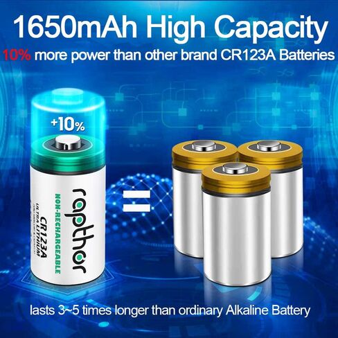 rapthor CR123A Lithium Batteries 3V 1650mAh, 12 Pack CR17345 High Power 123 Photo Battery CR123 PTC Protected for Cameras Flashlight Alarm Smart Sensors (Non-Rechargeable, Not for Arlo) (Pack of 12) in Saudi Arabia