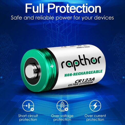 rapthor CR123A Lithium Batteries 3V 1650mAh, 12 Pack CR17345 High Power 123 Photo Battery CR123 PTC Protected for Cameras Flashlight Alarm Smart Sensors (Non-Rechargeable, Not for Arlo) (Pack of 12) in Saudi Arabia