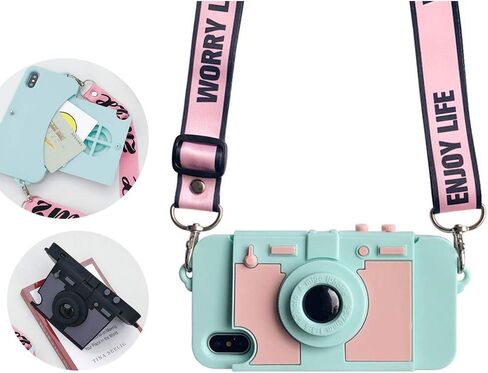 حافظة محفظة UnnFiko متوافقة مع هاتف iPhone XR، تصميم لطيف للكاميرا، غطاء حامل لبطاقة المحفظة مع حزام كتف طويل (أزرق، iPhone XR) in Kuwait