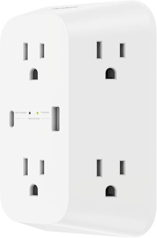 قطاع الطاقة Belkin 6-Outlet Surge Protector، قابل للتركيب على الحائط مع 6 منافذ تيار متردد، حماية من الجهد الزائد، مؤشر LED - منفذ USB-C ومنفذ USB-A مع شحن سريع USB-C PD - 1680 جول من الحماية in Kuwait