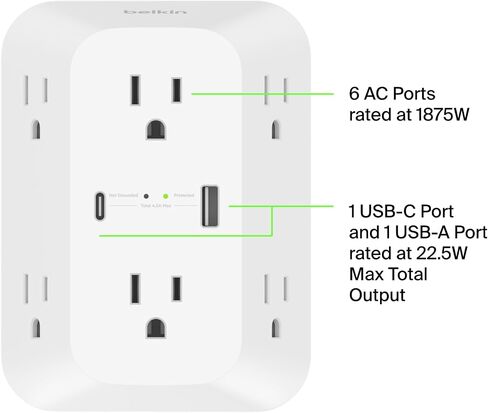 قطاع الطاقة Belkin 6-Outlet Surge Protector، قابل للتركيب على الحائط مع 6 منافذ تيار متردد، حماية من الجهد الزائد، مؤشر LED - منفذ USB-C ومنفذ USB-A مع شحن سريع USB-C PD - 1680 جول من الحماية in Kuwait