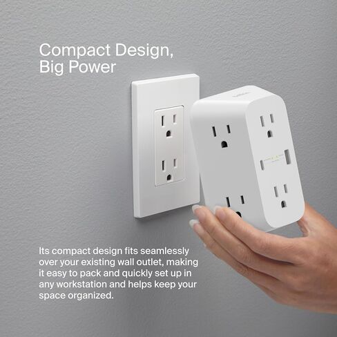 قطاع الطاقة Belkin 6-Outlet Surge Protector، قابل للتركيب على الحائط مع 6 منافذ تيار متردد، حماية من الجهد الزائد، مؤشر LED - منفذ USB-C ومنفذ USB-A مع شحن سريع USB-C PD - 1680 جول من الحماية in Kuwait