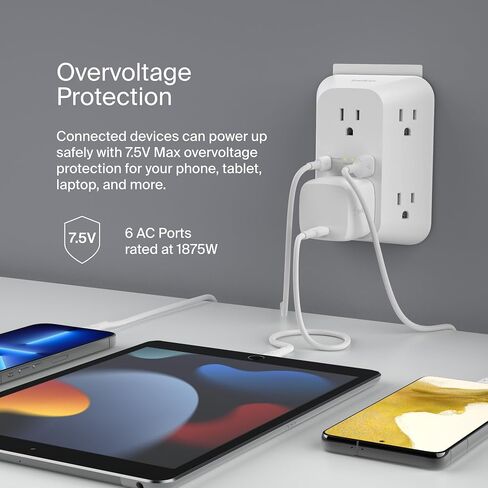 قطاع الطاقة Belkin 6-Outlet Surge Protector، قابل للتركيب على الحائط مع 6 منافذ تيار متردد، حماية من الجهد الزائد، مؤشر LED - منفذ USB-C ومنفذ USB-A مع شحن سريع USB-C PD - 1680 جول من الحماية in Kuwait