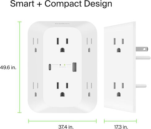 Belkin 6-Outlet Surge Protector Power Strip, Wall-Mountable with 6 AC Outlets, Overvoltage Protection, LED Indicator - USB-C Port & USB-A Port w/USB-C PD Fast Charging - 1680 Joules of Protection in Kuwait