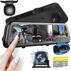 PRUVEEO 2K Mirror Dash Cam 3 Channel,Rear View Mirror Camera,Dash cam Front and Rear Inside,12'' Full Touch Screen, IR Night Vision(Sony Sensor),GPS,Parking Assistance, G-Sensor,Free128GB Card
