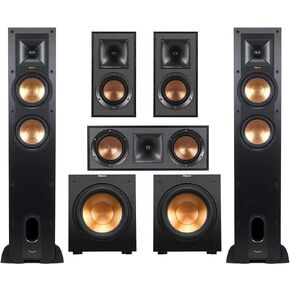 نظام المسرح المنزلي Klipsch Reference 5.2، مكبر صوت قائم على الأرض 2X R-26FA، مكبر صوت مركزي R-52C، مكبر صوت 2X R-41M على رف الكتب، مضخم صوت 2X R-12SW، أسود
