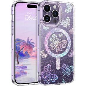 حافظة مغناطيسية GUAGUA لهاتف iPhone 14 Pro متوافقة مع Magsafe Clear Glitter Butterfly رفيعة من مادة TPU الشفافة المقاومة للصدمات لهاتف iPhone 14 Pro 6.1 بوصة، فراشة خيالية in Kuwait