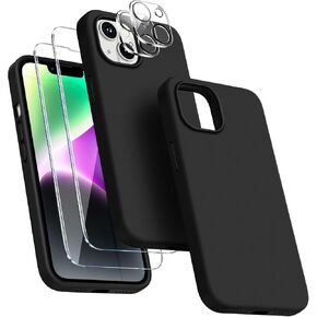 JTWIE [جراب 5 في 1 لهاتف iPhone 14 مقاس 6.1 بوصة، مع عبوتين واقي شاشة + عبوتين واقي عدسة الكاميرا، جراب هاتف واقٍ نحيف من السيليكون السائل مقاوم للصدمات (أسود) in Kuwait