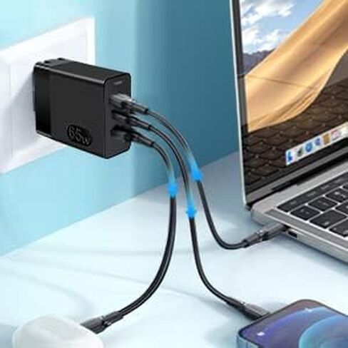 شاحن USB C بقدرة 65 وات، شاحن حائط سريع PD3.0 PPS 3 منافذ GaN (قابس قابل للطي) لأجهزة Mac Book Pro وSamsung Galaxy وiPhone وHP وLenovo وDell وHuawei Matebook وAcer وأي هواتف ذكية محمولة in Kuwait