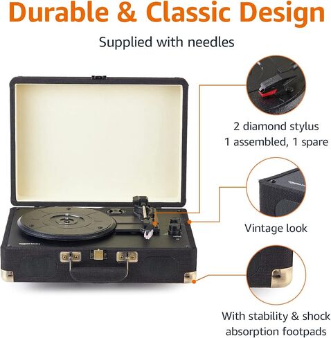 Amazon Basics Portable Suitcase Vinyl Turntable Record Player with Built-in Speakers and Bluetooth, Supports 3-Speed, Black in Saudi Arabia