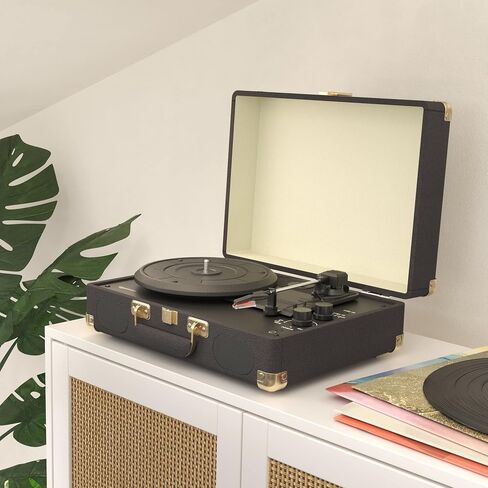 Amazon Basics Portable Suitcase Vinyl Turntable Record Player with Built-in Speakers and Bluetooth, Supports 3-Speed, Black in Saudi Arabia